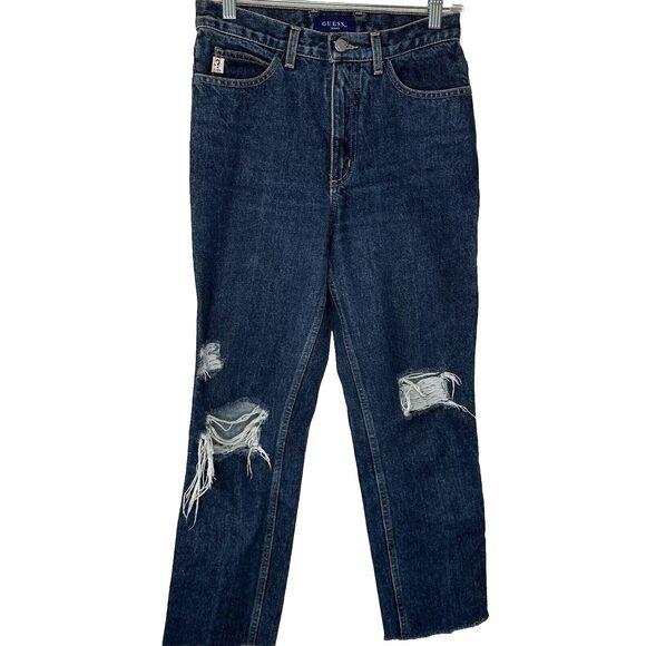 Guess Dark Blue Wash Distressed Slim Leg Raw Hem Denim Jeans 28 - Picture 1 of 16